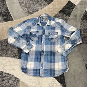 BKE Vintage Plaid Pearl Snap Shirt Mens Large Blue Western Cowboy‎ Athletic Work